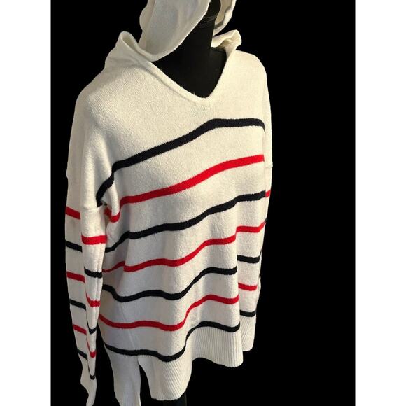 Rachel‎ Zoe White With Stripes Long Sleeve Hooded Pullover Sweater Womens Size M - Picture 2 of 5